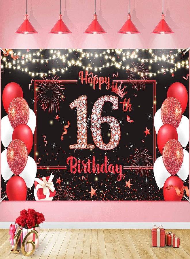 Woosytoo Red 16th Birthday Banner Decorations for Boys Girls Large Red Black Happy 16th Birthday Backdrop Banner Sweet Sixteen Bday 16 Years Old Party Supplies Outdoor Indoor - Image 1